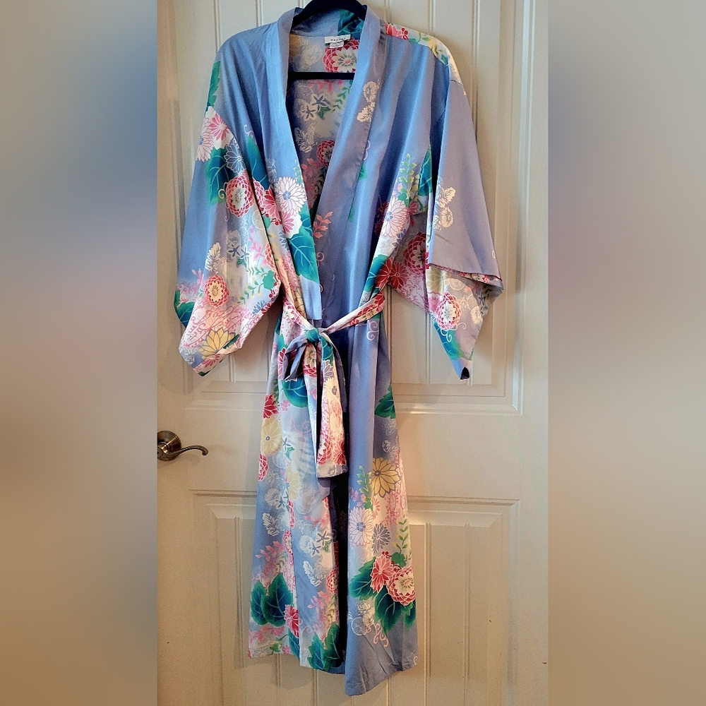 Natori Blue Floral Robe with Pink and Green Kimono Sleeves Sz L